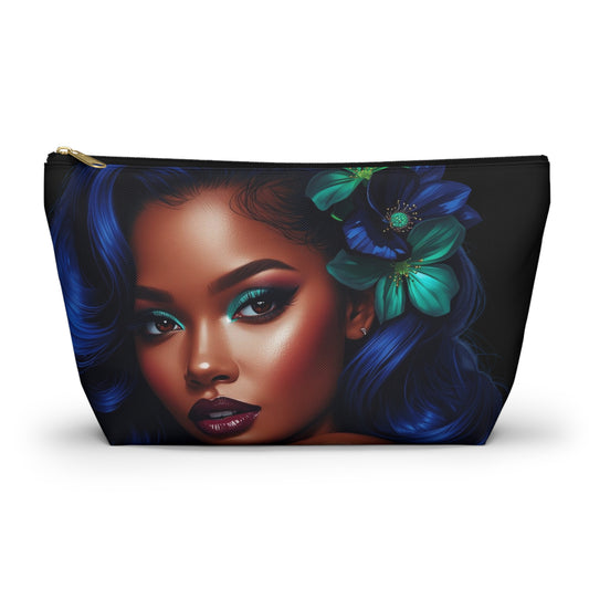 Blue-Haired Portrait Cosmetic Pouch with Floral Accent Makeup Bag